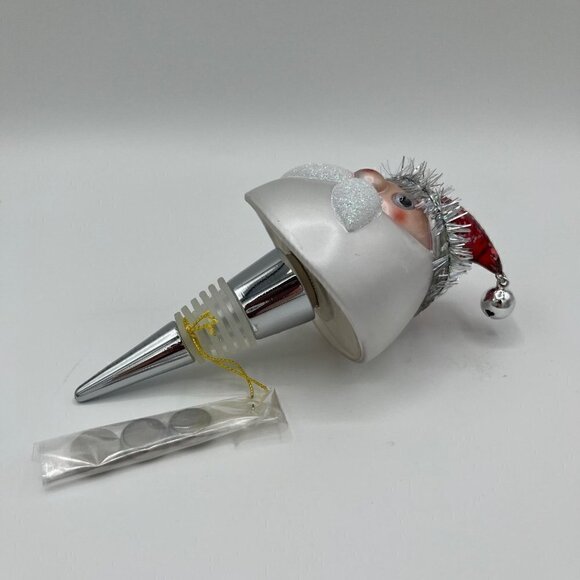 Dept 56 Christmas Santa Lit Tinsel Glass Wine Bottle Stopper - 2006 - Picture 2 of 5